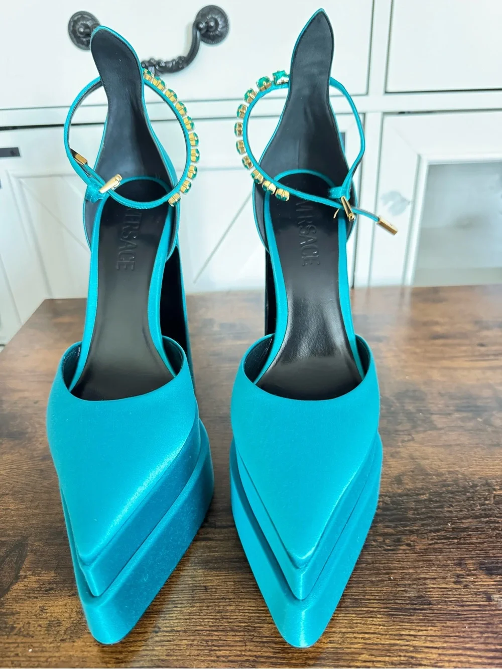 Versace Turquoise Satin Pointed Platform Ankle Strap Pumps